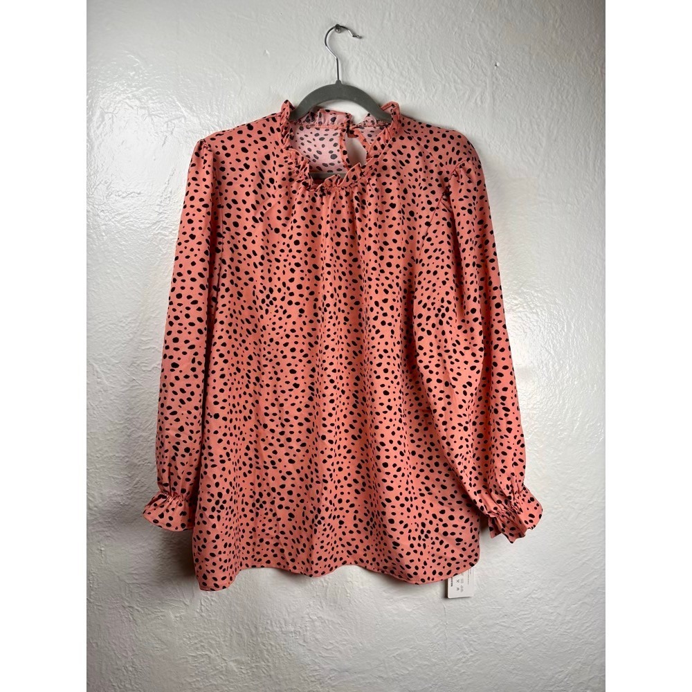 New Avanova Polka Dot Ruffle Mock Neck Blouse XL Dalmatian Print Office Siren